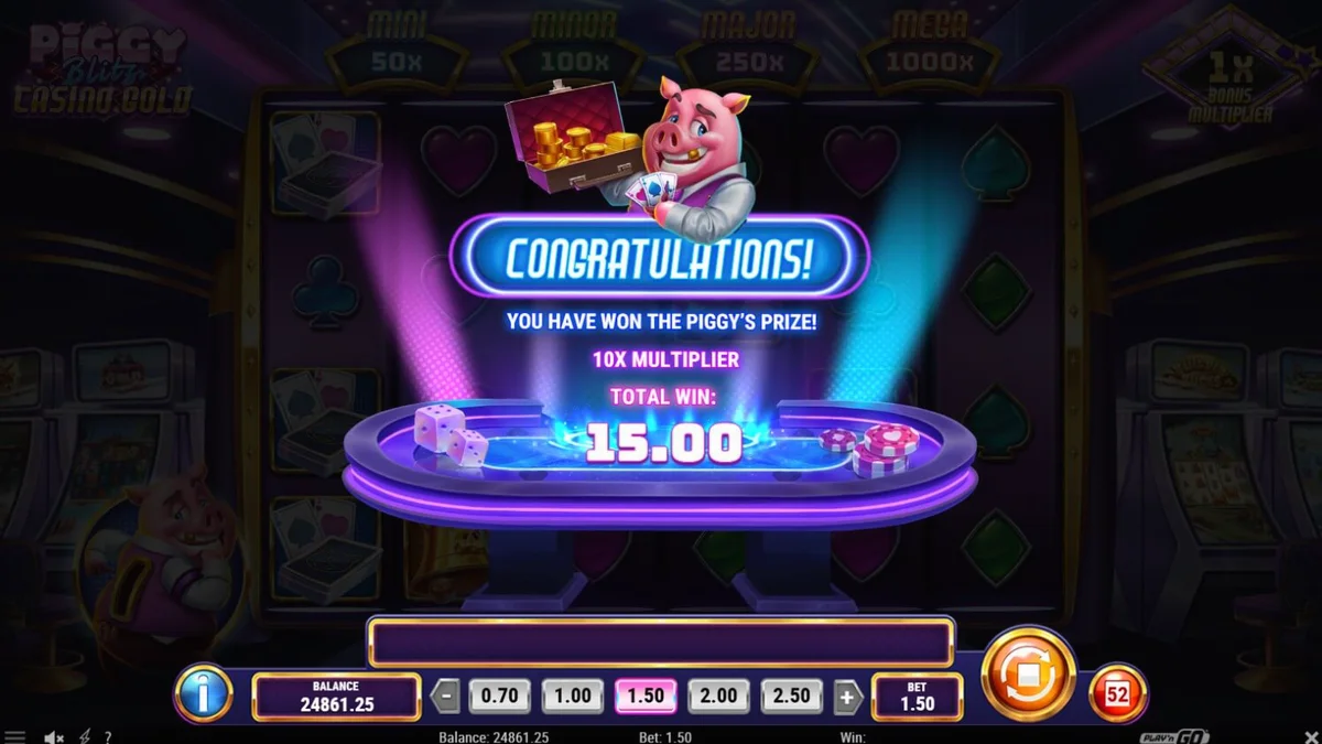 Tampilan visual neon dan mewah dari slot Piggy Blitz Casino Gold dengan karakter babi.