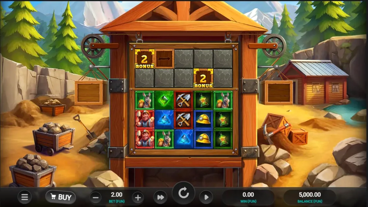 Tampilan visual slot Digger’s Dough dengan tema penambangan kartun yang ceria