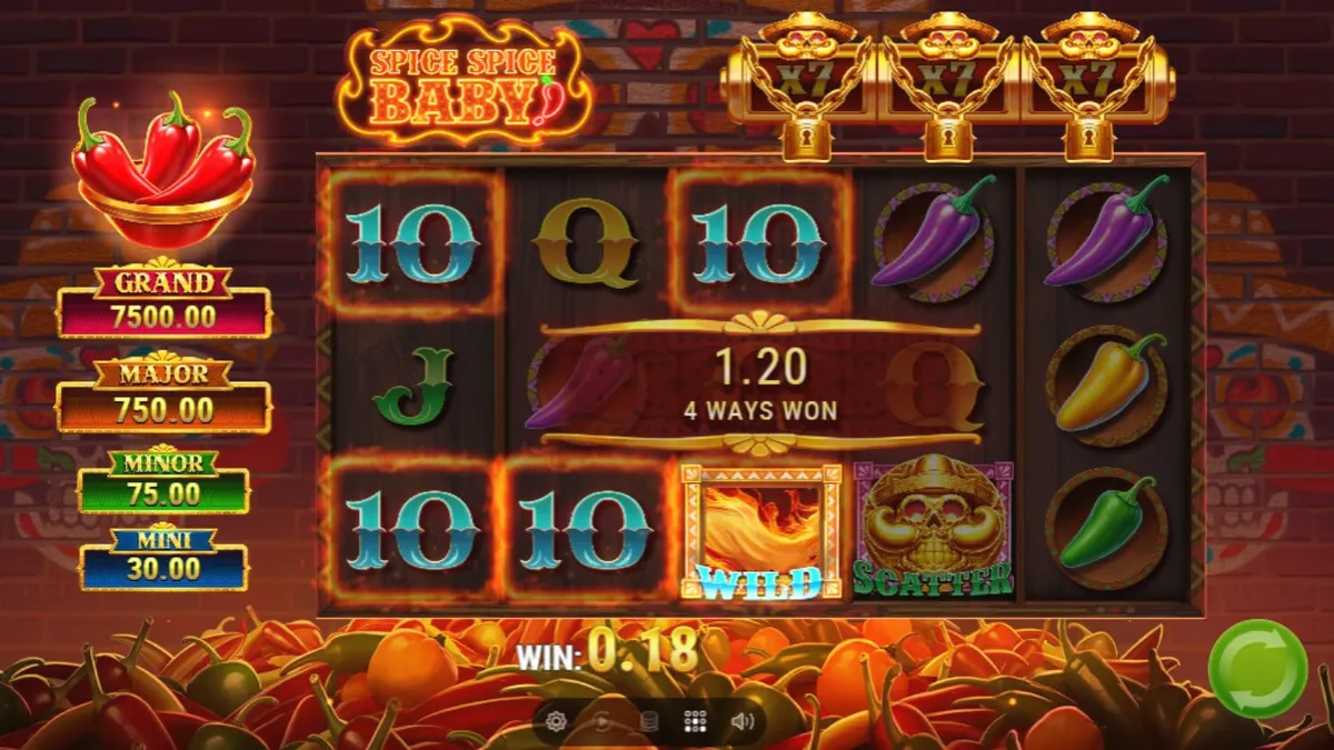 Tampilan visual slot Spice Spice Baby dengan tema cabai yang membara dan latar belakang gurun.